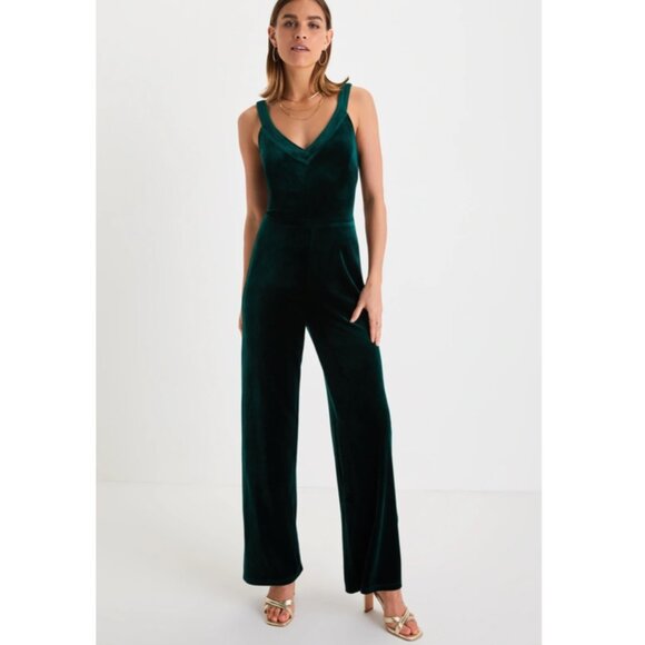 Lulus Perfectly Classy Green Velvet Strappy Jumpsuit, #2239436, Size S, $55 - Picture 1 of 8